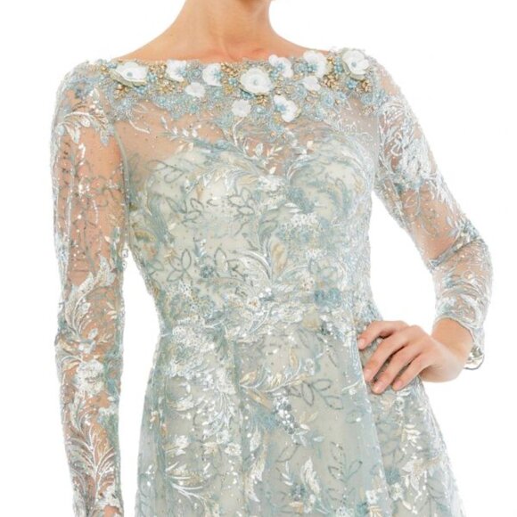 NWT Mac Duggal Long Sleeve Appliqué Lace A-Line Gown Mist 67498 - Picture 2 of 12